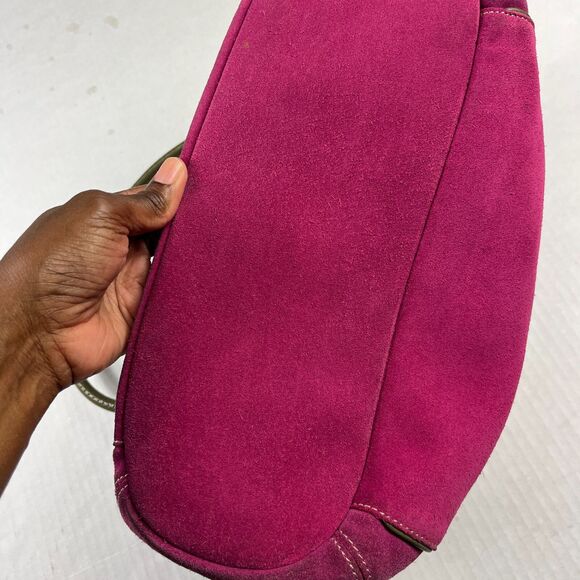 Cole Haan Fuchsia Suede Shoulder Bag Olive Trim Leather Strap Boho Slouchy Tote - Picture 11 of 14